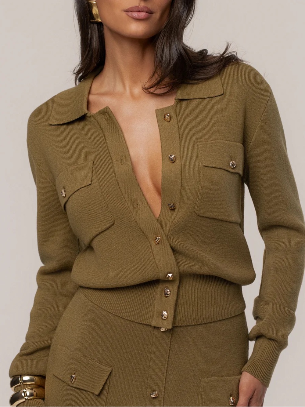 JLUXLABEL Olive Green Knit Polo Cardigan